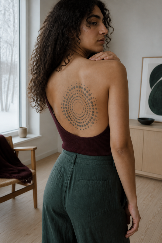 A circular abstract design made of multiple concentric rings of black dots, arranged in a spiral-like radial pattern. The dots vary in size from very small near the center to larger around the outer rings, creating a hypnotic galaxy or mandala effect with strong symmetry and a clean geometric look.