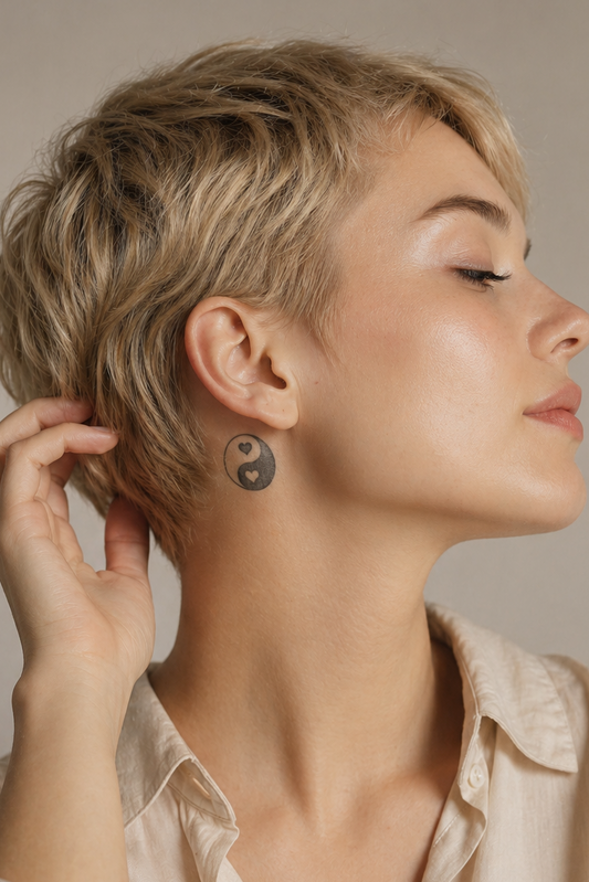 Coeur de Yin. Circular yin-yang inspired emblem with two swirling teardrop halves, one dark and one negative space, each with a small heart near the center., derrière l'oreille, studio light.