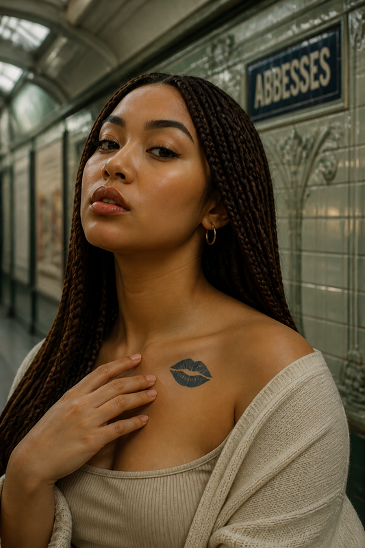 A bold black graphic of a kiss mark, showing a pair of full lips in a symmetrical silhouette. The design features a curved white opening between the upper and lower lips and several thin white highlight lines and creases across both lips, creating the look of a lipstick imprint.