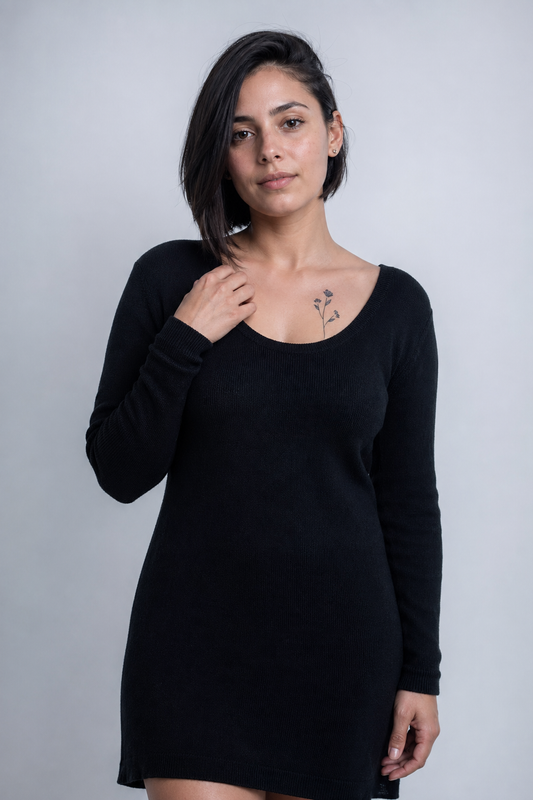 Rose Noire de Mata Hari. minimalist fine-line rose tattoo with a slender stem and three rose-like blossoms at different heights, sternum, high-key softbox lighting, very clean and even.