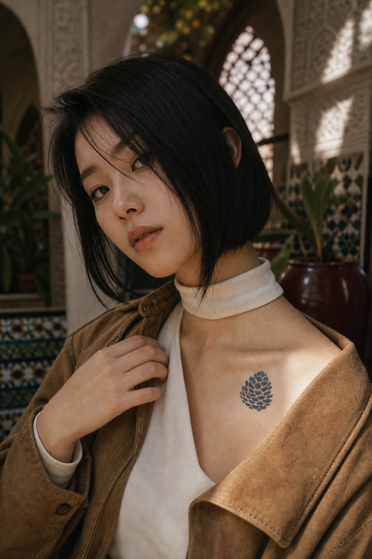 Pomme de Pin. a vertically symmetrical pine cone motif with layered rounded scales in a tapered teardrop silhouette, clavicule, warm golden afternoon light filtering through arches.