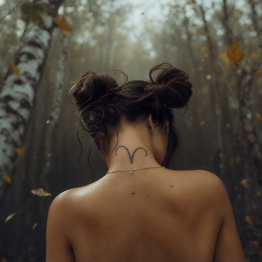 Bélier de Mars. Bélier de Mars: bold ram energy motif, dynamic curved lines and assertive emblem., base of the neck, morning mist soft-glow, ethereal.