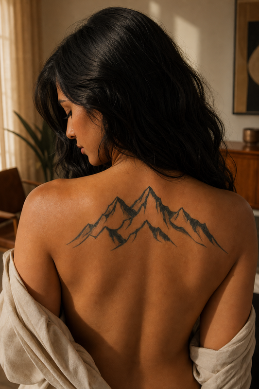 Paysage de Montagne. Mountain landscape with overlapping jagged peaks, sharp triangular summits, bold ridge lines, shaded rock faces, open snowy negative spaces, haut du dos, warm afternoon light through linen curtains.
