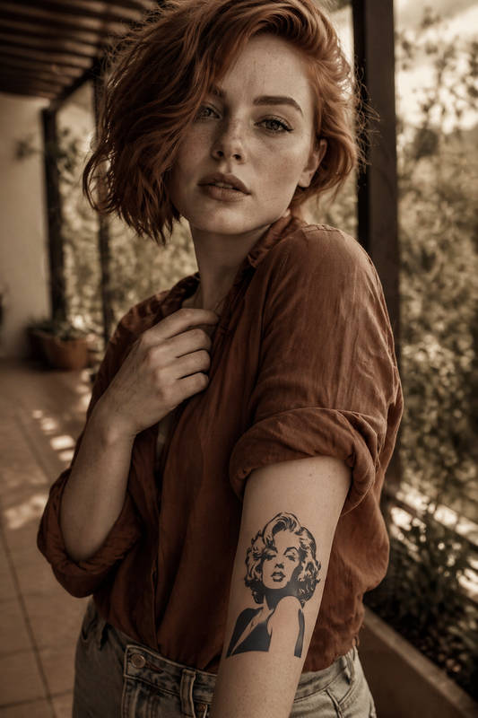 High-contrast black and white portrait tattoo design inspired by Marilyn Monroe, showing a stylized female face with short voluminous wavy hair, arched eyebrows, heavy eyelids, full lips, and dramatic shadows. The composition includes the head, neck, bare shoulders, and upper torso in a glamorous pose, with bold graphic shapes and soft curved contours creating an iconic vintage Hollywood silhouette.