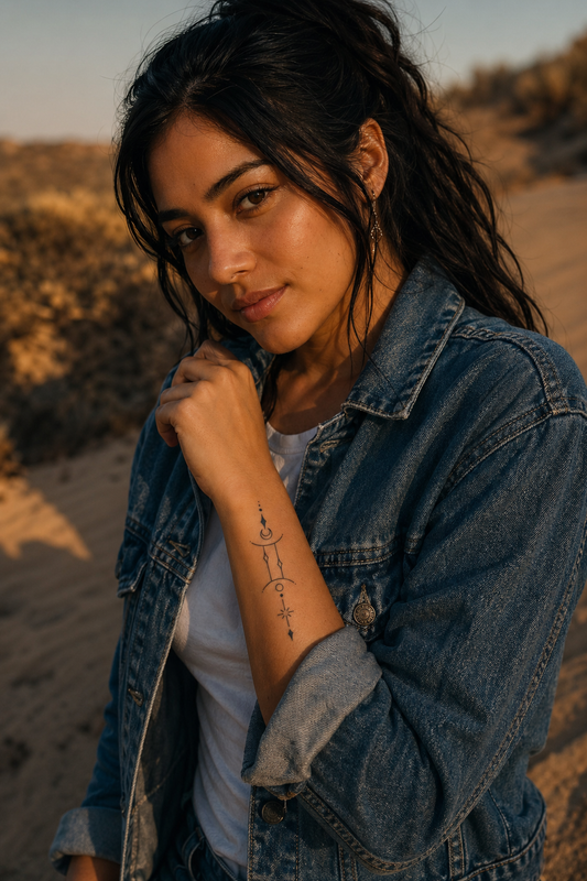 Gémeau. Vertical Gemini zodiac sigil: two parallel lines with arcs, crescent moon and diamond above, stacked dots, central circle and dot, starburst with vertical line, final diamond point., avant-bras, deep golden hour with long warm shadows.