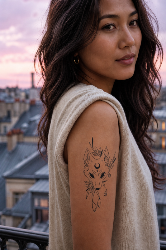 Renard de Sologne. A fine-line renard head in symmetrical profile: pointed ears, almond eyes, small nose, crescent moon on the forehead, framed by delicate botanical leaves and hanging petal-like elements., bras, soft pink-mauve twilight reflecting off the rooftops.