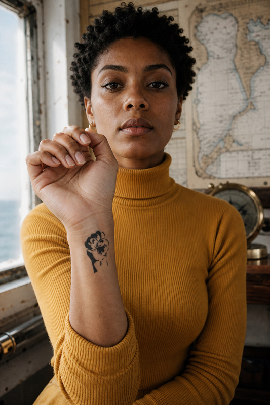 Poing de Volonté. A raised clenched fist, stylized in bold graphic shapes with sharp negative-space cuts., intérieur du poignet, cool side-light from a salt-rimmed window.