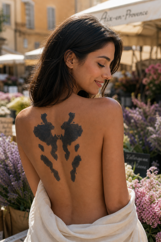 Rorschach de Vienne. Rorschach-inspired mirrored inkblot with bold symmetrical upper forms, smaller side marks, and elongated lower shapes, haut du dos, bright Provençal morning light, mineral.