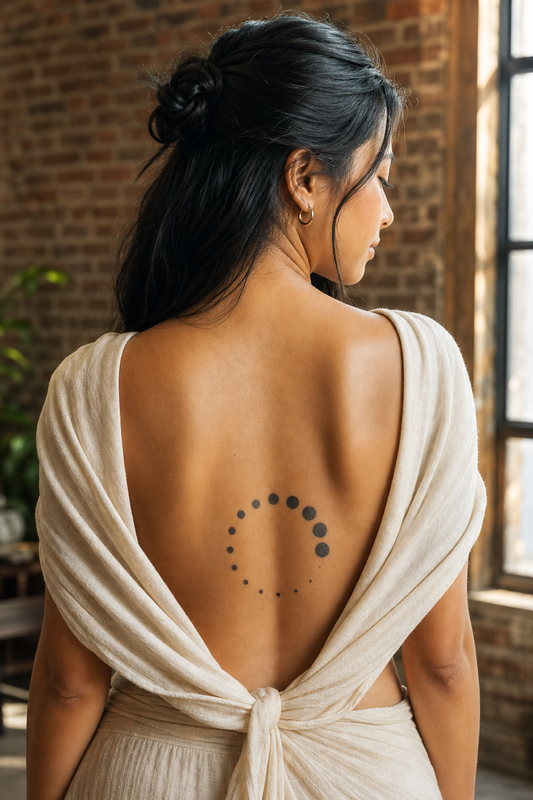 Cycle de Points. A minimalist circular cycle of separate dots, near-complete ring, dot sizes vary like a smooth rhythm, milieu du dos, bright north-window daylight, painterly.