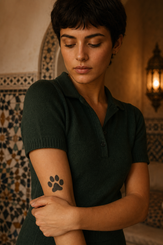 Papatte de Salon. A simple solid animal paw print silhouette: one large rounded central pad and four oval toe pads above, no outline., intérieur du bras, warm low lantern glow, intimate.
