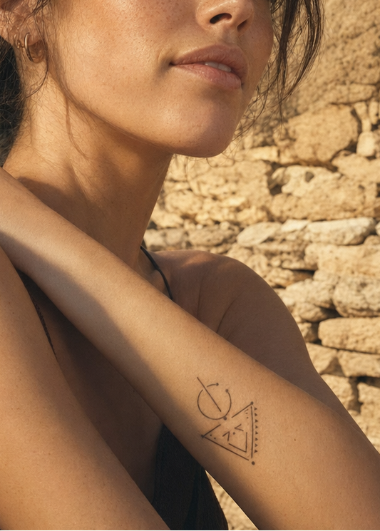 Minimalist black fine-line tattoo design featuring an open circle at the top crossed by a vertical line, with small solid dots placed around the circular shape. Below it sits a large inverted triangle with a smaller inner triangle, tiny dots and short angled strokes inside, plus a row of small filled triangles running down the right outer edge and a single dot centered beneath the bottom tip.