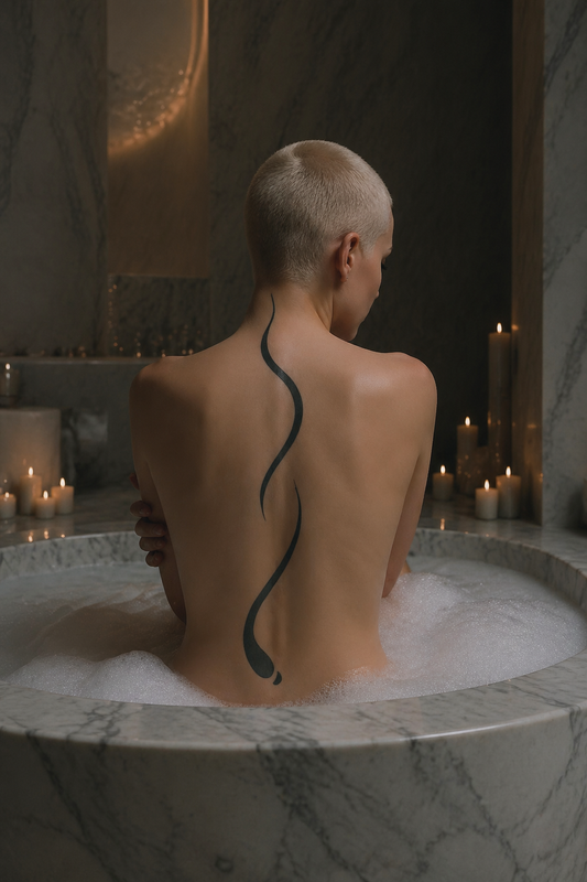 Calligraphie de Fès. deux traits calligraphiques fluides, verticalité sinueuse, rupture nette haut/bas, pointe effilée, goutte au bas., from the base of the neck on her back, dozens of candle lights .