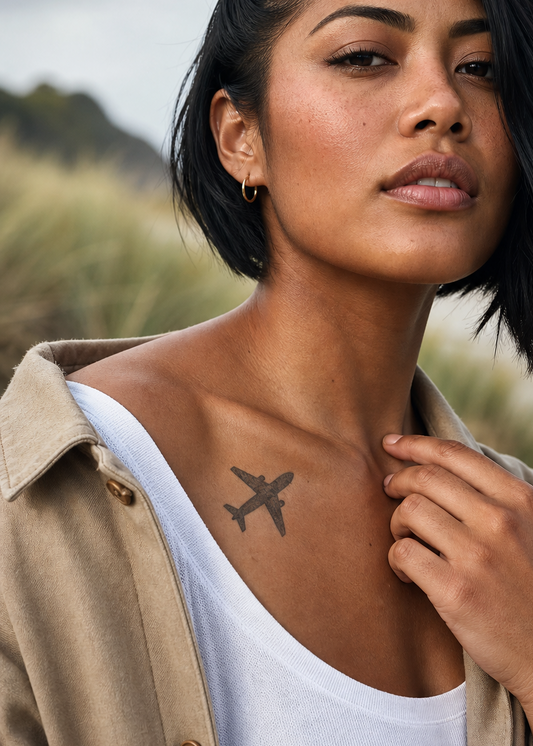 Avion de ciel. Minimal airplane silhouette traced like a desire to travel, with swept wings, rounded nose, compact fuselage, and small engines under wings., clavicule, cool overcast morning with soft silver light.