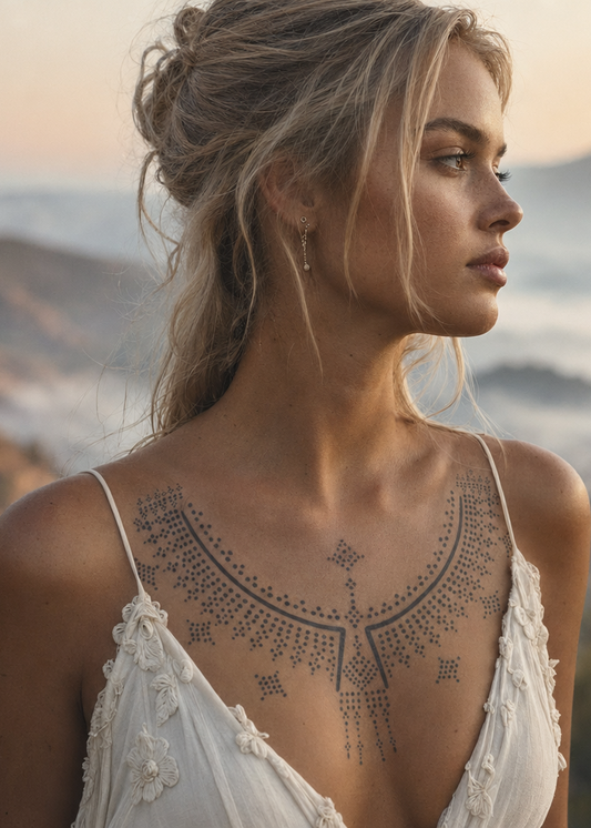 Kaïa de Marrakech. Kaïa de Marrakech: ornaments rituels anciens framing the natural bust lines, anchored for a feminine statement, chest along the decolleté line, morning mist soft-glow, ethereal.