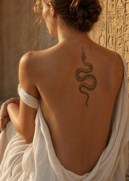Serpent d'Éden. Serpent d’Éden ondulant en trois courbes, langue fourchue levée, écailles gravées une à une, sur le haut du dos suivant la colonne, golden hour, soft warm light from one side.