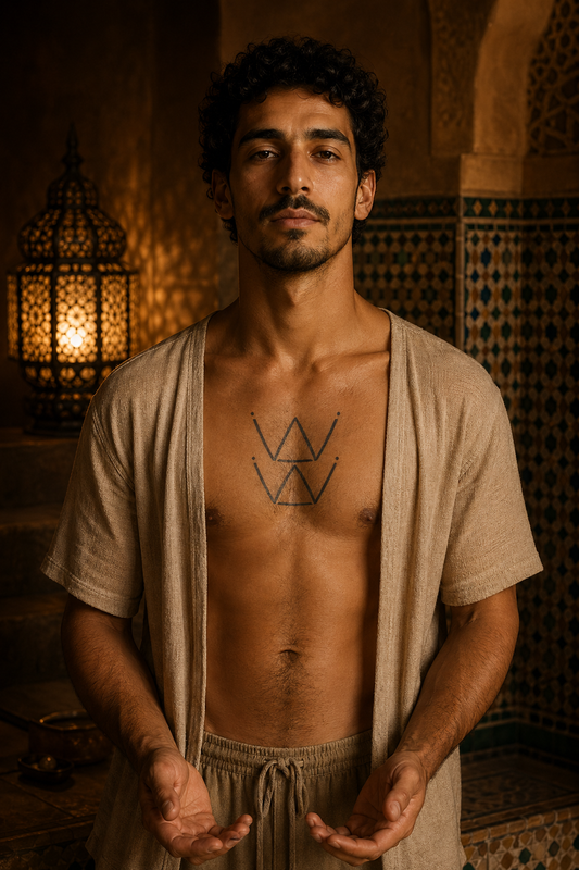 Papillon de Merzouga. Geometric Amazigh butterfly emblem of two stacked angular wing shapes with four small dots; vertically symmetrical; mirrored crowns motif, poitrine, warm low lantern glow, intimate.