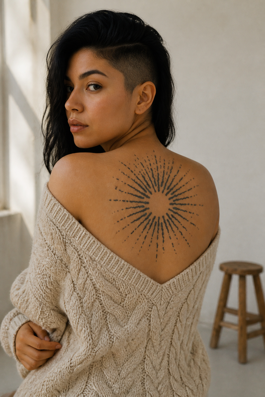 A circular sunburst design with an empty white center surrounded by many irregular black rays radiating outward. The rays vary in length and thickness, with wavy hand-drawn lines and scattered dotted ends, creating an organic, slightly distressed celestial effect with near radial symmetry.