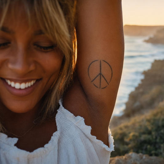 Peace & Love de Mai 68. Peace & Love May 68 manifesto: peace sign, inner bicep, rim light from behind, tattoo edge-lit.