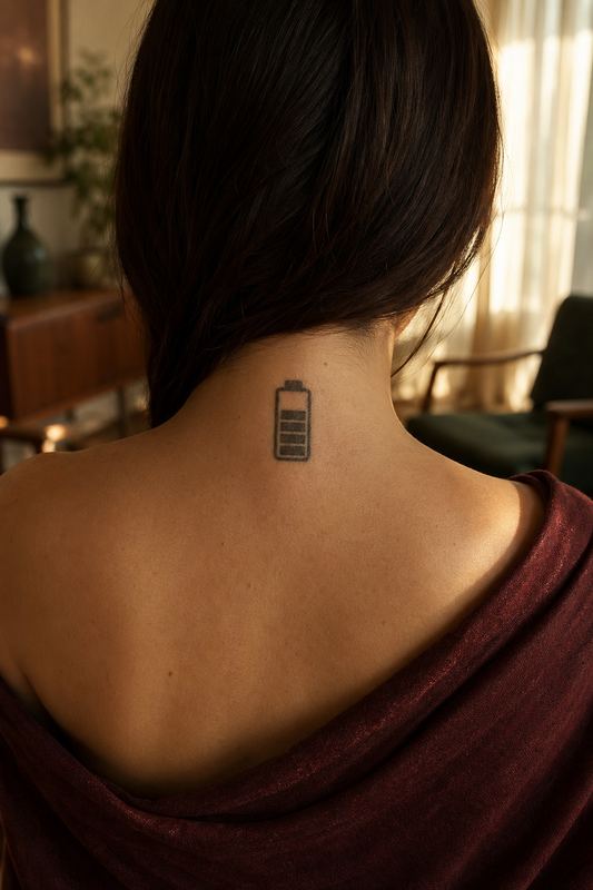Charge de batterie. a small minimalist battery icon with rounded corners and a centered top terminal, four stacked charge bars with one empty, nuque, warm afternoon light through linen curtains.