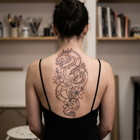 Tatouage temporaire dragon fine ligne, motif spirituel oriental dorsal. Un dragon élancé qui ondule le long de la colonne, escorté de fleurs de lotus en pleine éclosion. Une pièce maîtresse en fine ligne, dessinée pour se lire en détail tout au long du dos.