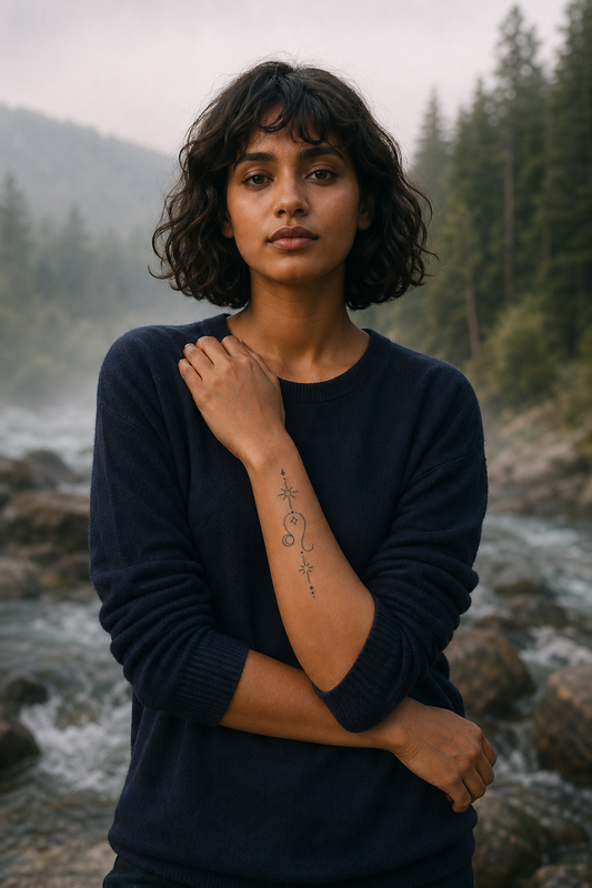 Lion. Fine minimalist vertical lion silhouette with diamond top, dots, central sunburst circle with short rays, curled mane and tail, four-point star, lower starburst and descending dots., avant-bras, cool morning fog soft-glow, ethereal.