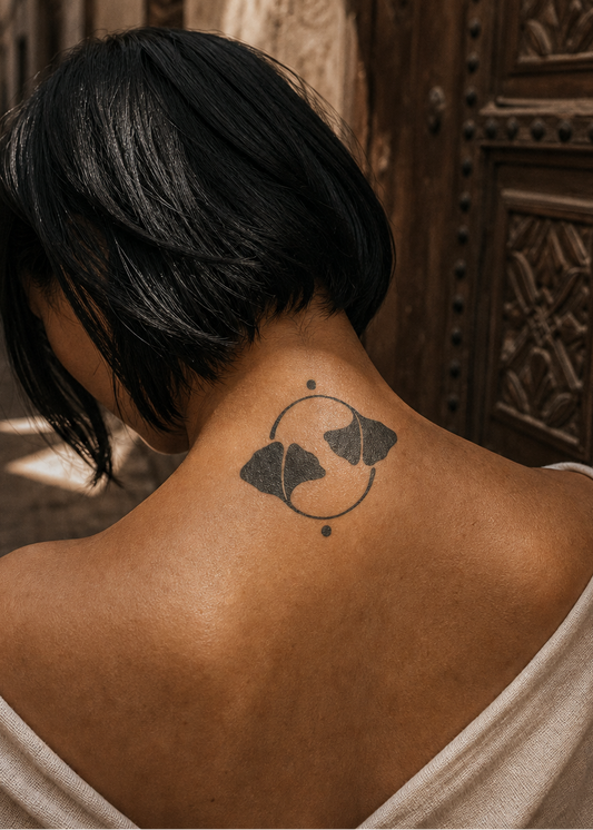 Yin de Ginko. yin-yang inspired circular yin circle with two opposing stylized ginkgo leaves and a thin open outline; small dot above and below, nuque, cool shadowed midday light with a slice of sun.