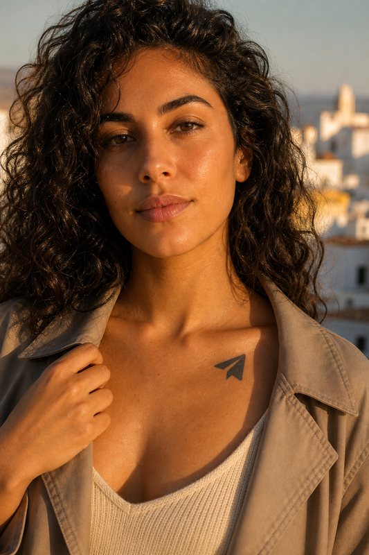 Avion de ligne. A crisp minimalist airplane-in-line silhouette, pointed nose angled upward-right, clean geometric icon, clavicule, golden hour warm side-light, long shadows.