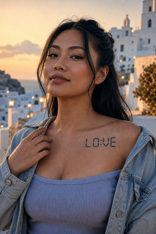 Réveil de Love. digital alarm-clock LOVE with segmented angular bars and a colon between O and V, clavicule, warm honey-amber golden hour over white walls.