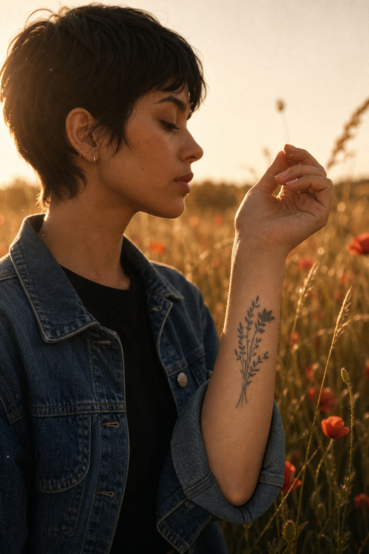 Sabline de l'Île de Ré. Delicate botanical herbarium design with several thin vertical stems gathered at the base, small oval leaves branching alternately, and one asymmetrical five-petaled flower near the upper right., avant-bras, low golden hour light, hair backlit.